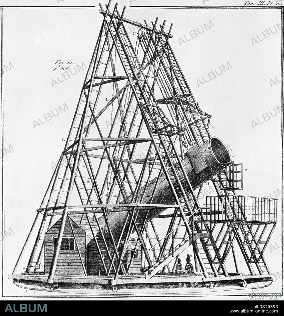 William Herschel's 40 foot telescope, also known as the Great Forty Foot telescope, was a reflecting telescope constructed between 1785 and 1789 at Observatory House in Slough, England. It used a 47 inch diameter primary mirror with a 1,200 cm focal length. It was the largest telescope in the world for 50 years. It may have been used to discover Enceladus and Mimas, the 6th and 7th moons of Saturn. It was dismantled in 1840; today the original mirror and a 10 foot section of the tube remain.