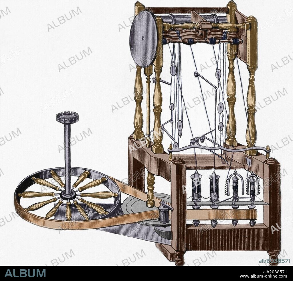 Spinning-frame. Designed in 1767 by Richard Arkwright (1732-1792). Semi-mechanical machine for spinning cotton driven by water power. 18th century. Colored engraving.