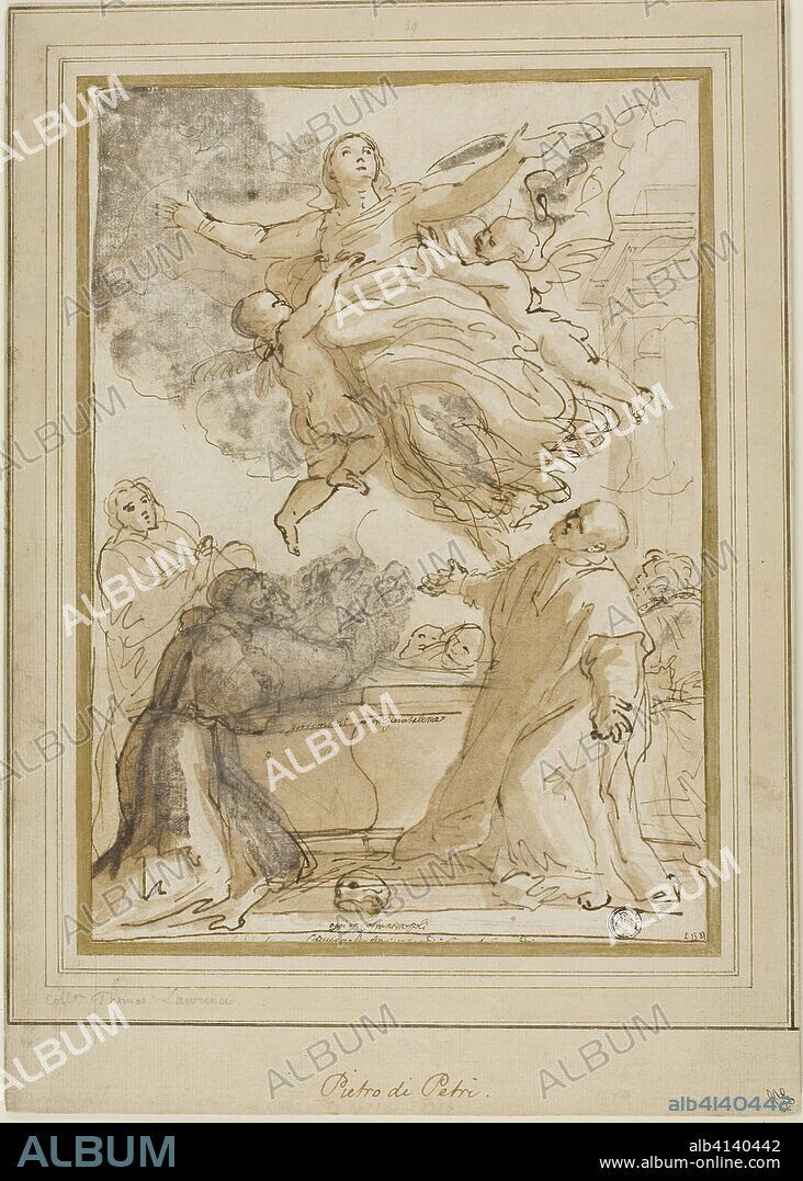 Assumption of the Virgin. Pietro Antonio di Pietri; Italian, 1663-1716. Date: 1683-1716. Dimensions: 265 x 190 mm. Pen and brown ink, with brush and brown wash, heightened with lead white (discolored), over traces of black chalk on ivory laid paper, laid down on cream laid card. Origin: Italy.
