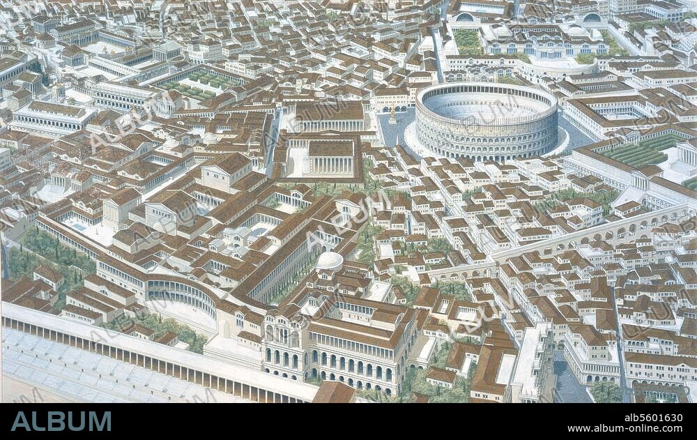 Rome (Italie). "Reconstruction of the centre of Rome" (Reconstitution du centre de Rome à l'époque de Septime Sévère, 193-211 ap. J.-C. ; le Palatin, le Forum Romanum et le Colisée vus à vol d'oiseau). Aquarelle, 1998, de Peter Connolly. (né en 1935). De la série : The Ancient City.