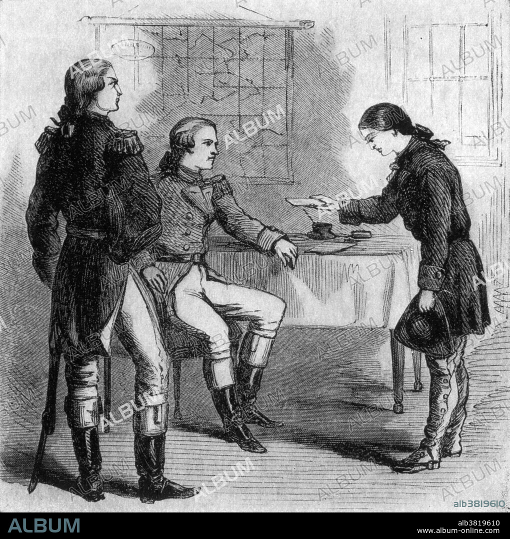 Sampson delivering papers to General George Washington. Deborah Sampson Gannett (December 17, 1760 - April 29, 1827) was a woman who disguised herself as a man in order to serve in the Continental Army during the American Revolutionary War. She served under the name Robert Shirtliff of Uxbridge, Massachusetts. She fought in several skirmishes. During her first battle, on July 3, 1782, outside Tarrytown, she took two musket balls in her thigh and a cut on her forehead. During the summer of 1783, she became ill and was cared for by Doctor Barnabas Binney. He removed her clothes to treat her and discovered the cloth she used to bind her breasts. Without revealing his discovery to army authorities, he took her to his house, where his wife, daughters, and a nurse took care of her. November 3rd was set as the date for soldiers to muster out. When Binney asked Deborah to deliver a note to General Paterson, she correctly assumed that it would reveal her gender. In other cases, women who pretended to be men to serve in the army were reprimanded, but Paterson gave her an honorable discharge, a note with some words of advice, and enough money to travel home. She was discharged at West Point, New York, on October 25, 1783, after a year and a half of service. She died of yellow fever in 1827 at the age of 66.