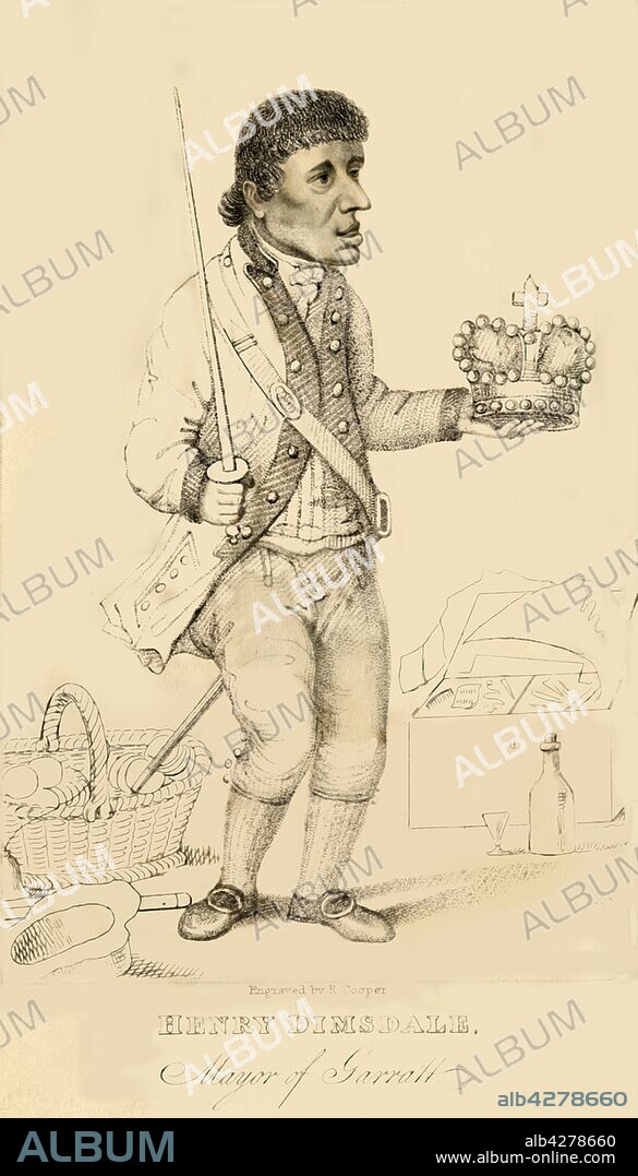 ROBERT COOPER. 'Henry Dimsdale, Mayor of Garratt', 1821. Portrait of 'Sir' Harry Dimsdale, a London muffin seller who was "mayor" in the Garrat Elections of 1796, a carnival of mock elections. From "Wonderful Characters: Comprising Memoirs and Anecdotes of the Most Remarkable Persons of Every Age and Nation", Vol. I, by Henry Wilson. [J. Robins and Co. Albion Press, London, 1821].