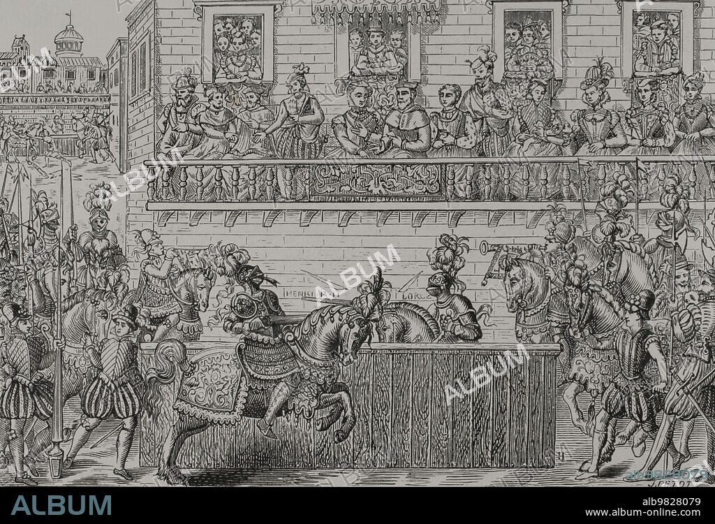 El rey Enrique II de Francia (1519-1559) herido de muerte durante el torneo celebrado en la Place des Vosges de París, con motivo de la boda de su hija Isabel de Valois con el rey Felipe II de España. Enrique II luchó contra un capitán de la guardia escocesa, Gabriel de Lorges, conde de Montgomery, resultando herido de forma involuntaria en un ojo. El rey murió pocos días después, el 10 de julio de 1599, como consecuencia de la herida sufrida. Grabado por J. Petot. "Vie Militaire et Religieuse au Moyen Age et à L'Epoque de la Renaissance". París, 1877.