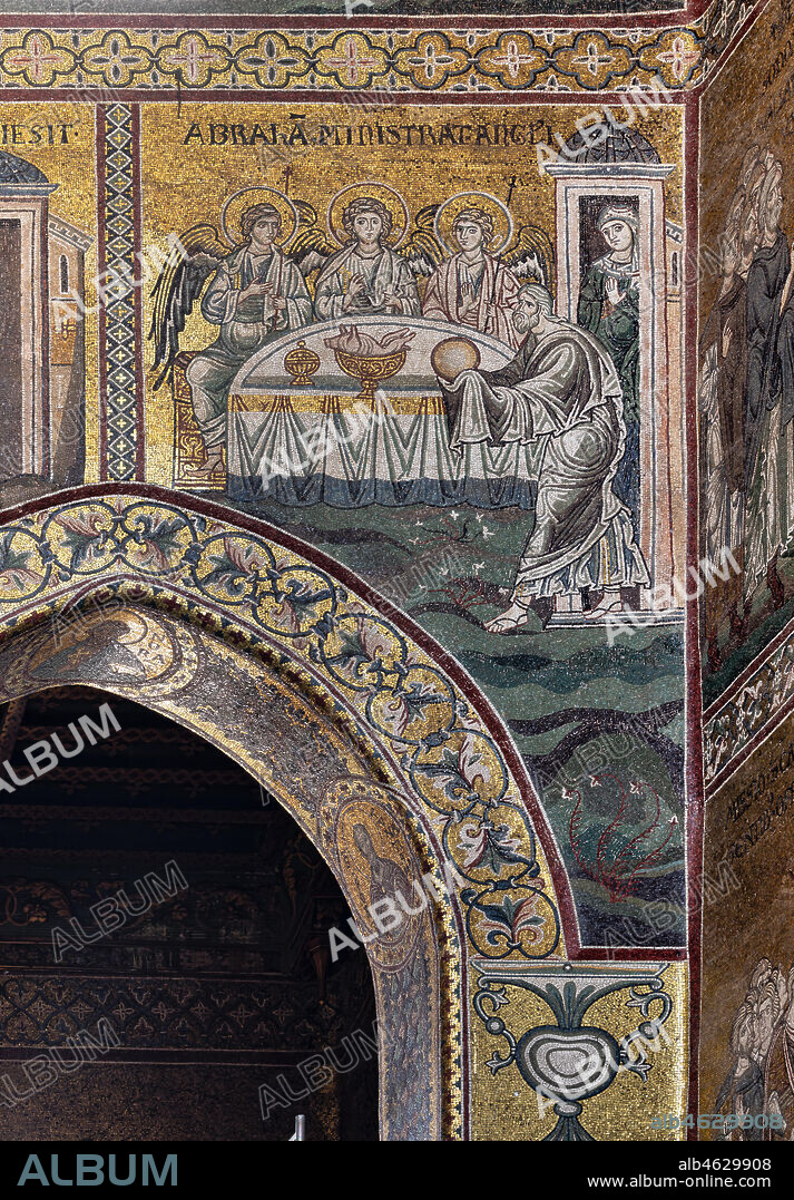Monreale, Duomo: "Abraham serves the table of the three angels", Byzantine mosaic, Old Testament cycle - Abraham, XII - XIII century.. Latin inscription: "ABRAHAM MINISTRAT ANGELIS".