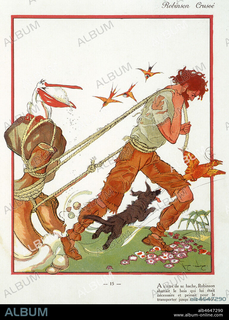 Robinson Crusoe tirant un tas de bois. Illustration de 1930 par Felix LORIOUX (1872-1964) pour Robinson Crusoe de Daniel DEFOE (1660-1731). ADAGP. Credit : Coll. Jonas/KHARBINE-TAPABOR.