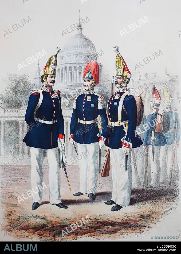 Prussian Army, Prussian Guard Regiment on Foot, Officer, Staff Captain, Sergeant, in the background Common Soldiers, Army Uniform, Military, Prussia, Germany, digitally restored reproduction of a 19th century original, Europe.