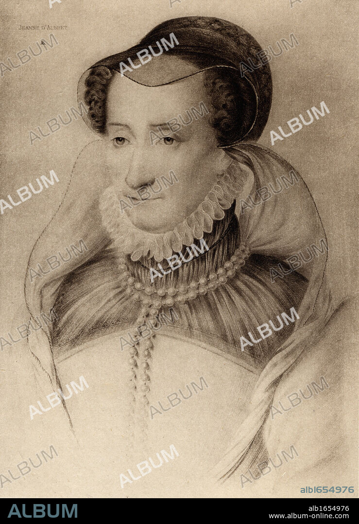 Jeanne D'Albret, 1528-72, queen of Navarre (1555-72), daughter of Henri d'Albret and Margaret of Navarre, and mother of King Henry IV of France (Henry III of Navarre).From an engraving after a drawing attributed to Francois Clouet.