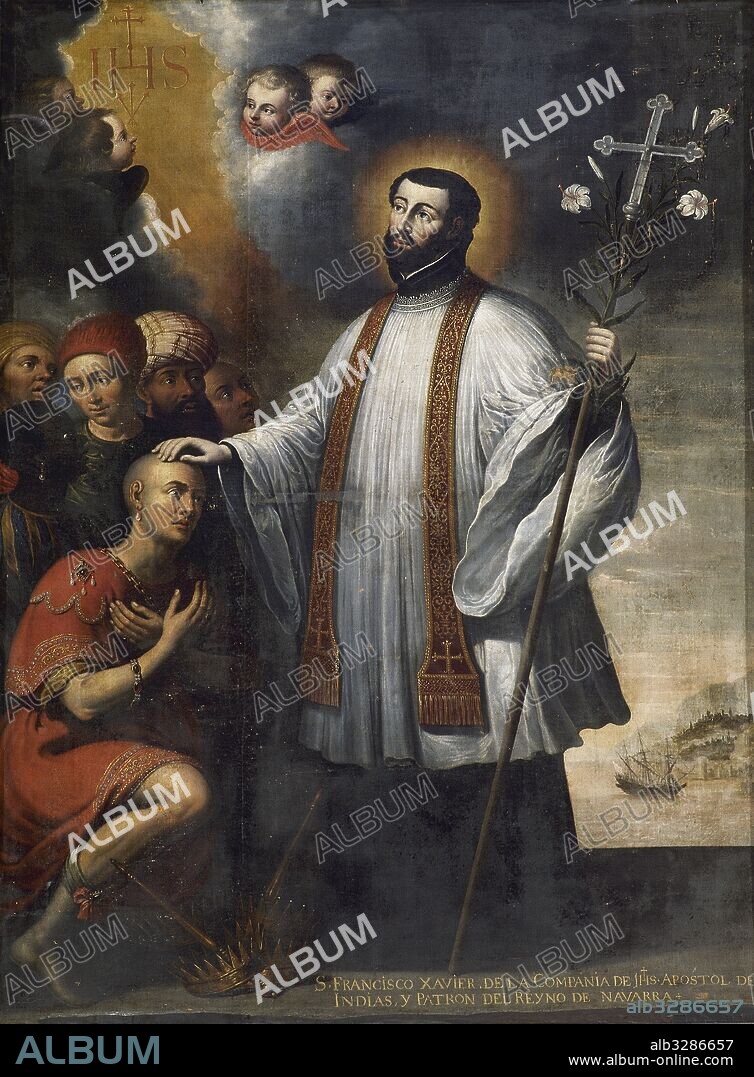 San Francisco Javier (Javier,1506-Shangchuan, 1552). Religioso español. Fundador de las misiones asiáticas de los jesuitas, organizador eclesiástico de la India y patrono de las misiones. Pintura con la representación del santo en actitud de misionero, bendiciendo a un hombre. Convento de las Recoletas. Pamplona. Navarra.
