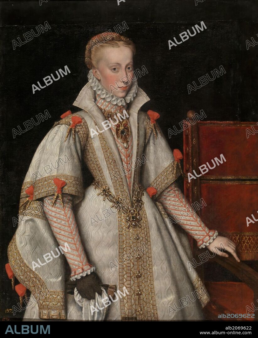 BARTOLOME GONZALEZ. Bartolomé González (Copia Moro, Antonio) / 'La reina Ana de Austria, cuarta esposa de Felipe II', Hacia 1616, Escuela Española, Óleo sobre Lienzo, 108,5 cm x 87 cm, P01141.