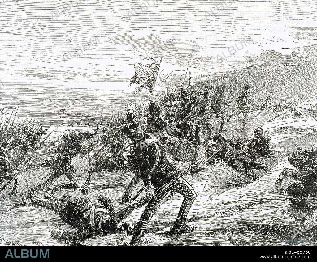 UNIFICACION ALEMANA. "GUERRA DE LOS DUCADOS". Iniciada en 1863 tras la invasión de las tropas del ejército austro-prusiano en territorio de los Ducados de Schleswig, Holstein y Lavenburgo. "COMBATE ENTRE DANESES Y PRUSIANOS EL 23 DE ABRIL DE 1849". Grabado del s. XIX.