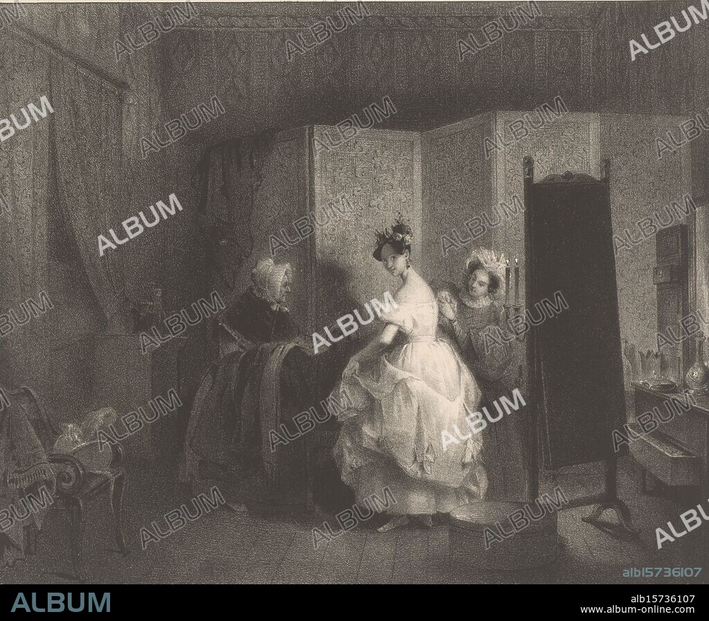 Two women dress a young woman, La toilette (title on object), Twelve genre scenes by Jean Baptiste Madou and Théodore Fourmois (series title), Album de douze sujets, composés et lithographiés par Madou et Fourmois (series title), print, print maker: Jean Baptiste Madou, (mentioned on object), printer: Dewasme, (mentioned on object), Brussels, 1834, paper, height, 276 mm × width, 367 mm.