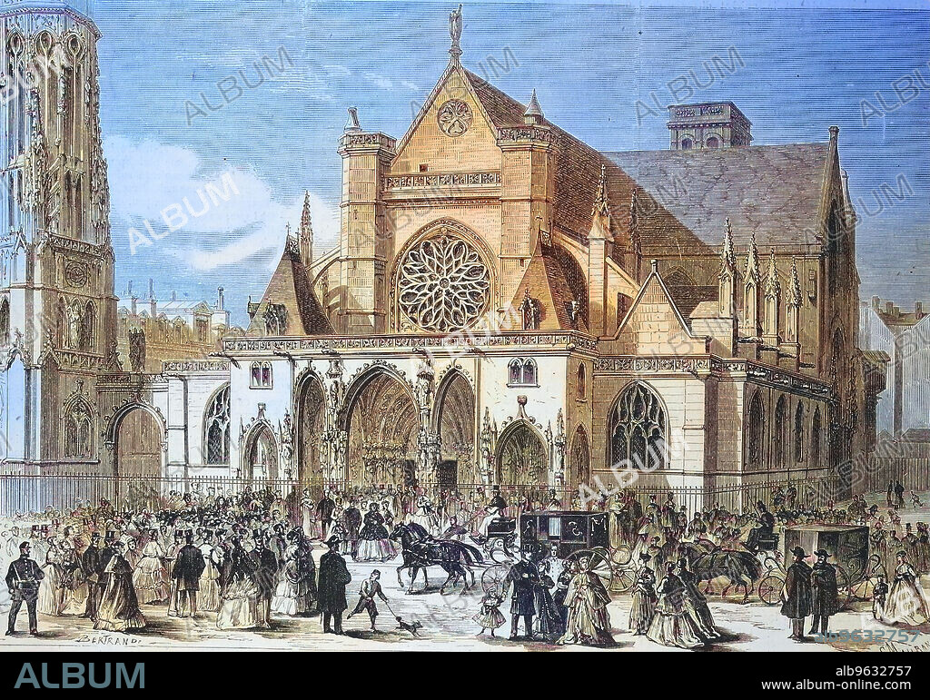 Parish church of Saint-Germain-l'Auxerrois is an important late Gothic church in Paris, Queen Isabella II of Spain attends mass, 1869, France, Historical, digitally restored reproduction of an original artwork from the 19th century, exact original date unknown.