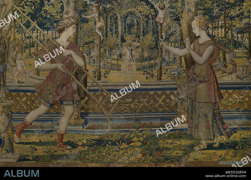 Vertumno y Pomona. Detalle del tapiz perteneciente al conjunto "Historia de Vertumno y Pomona", realizado a partir de dibujos atribuidos al artista flamenco Pieter Coecke van Aelst (1502-1550). Flandes, mediados del siglo XVI. Lana, seda e hilo de oro. Museo Calouste Gulbenkian. Lisboa. Portugal.