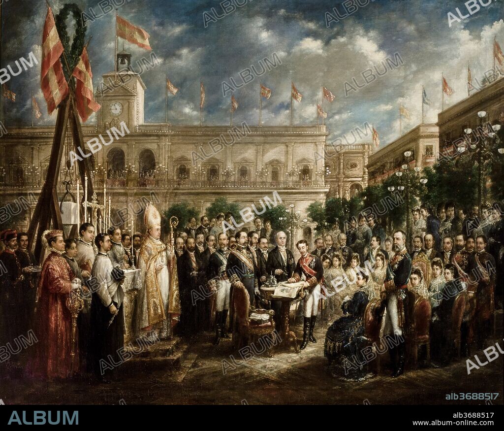 JOSÉ MARÍA ROMERO Y LÓPEZ. José María Romero López / "Alfonso XII firmando el acta de colocacion de la primera piedra del monumento a san Fernando", 1877, Pintura (Óleo sobre lienzo), 1,53 x 1,90 m.