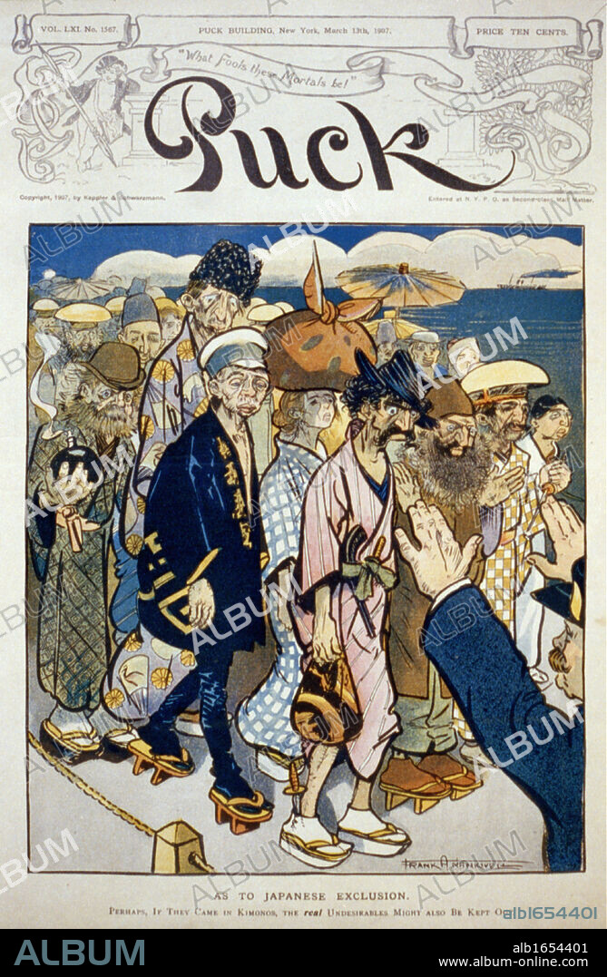 Anti-immigration caricature showing anarchists, Jews, Russians and Italians dressed in kimonos, being kept out of the United States.