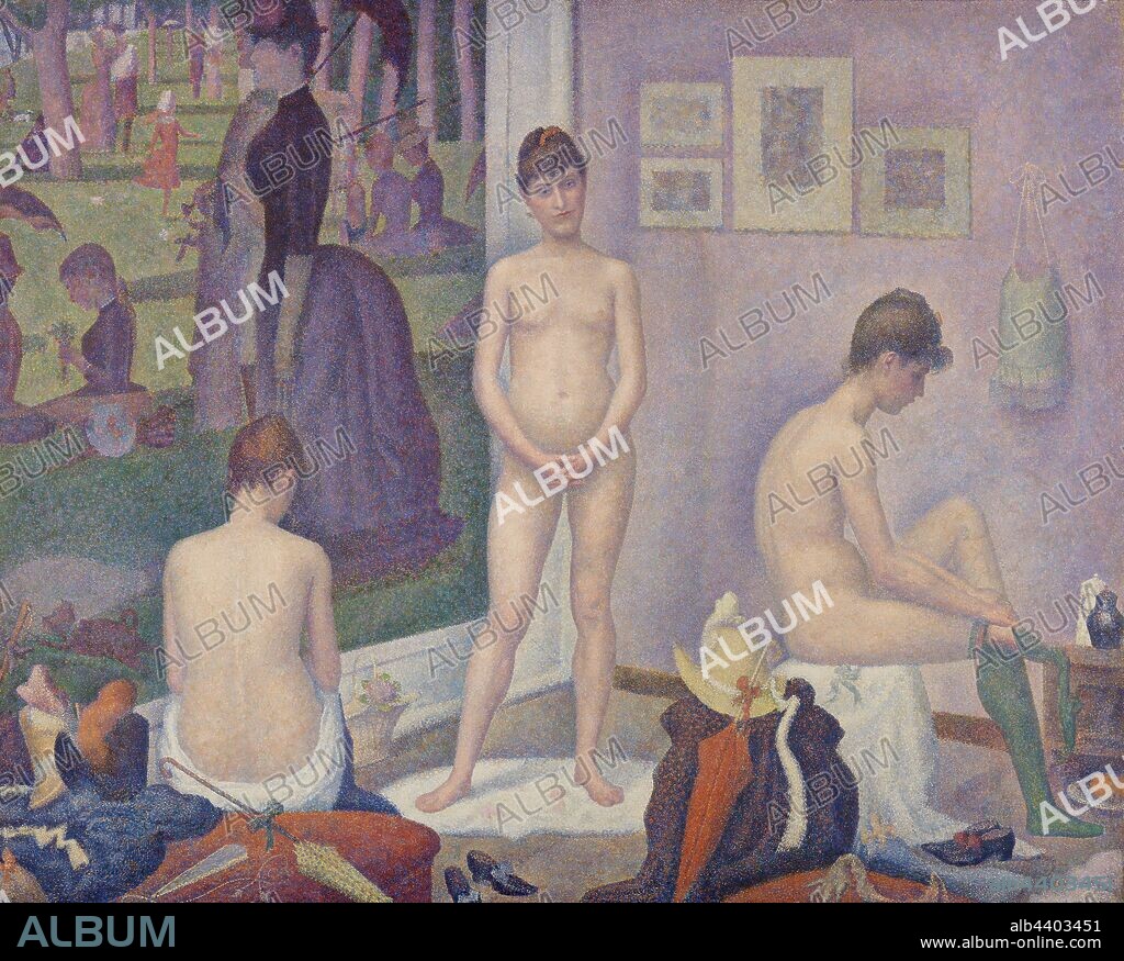 Georges Seurat: Models (Poseuses), Georges Seurat, 1886–1888, Oil on canvas, In this scene set inside Georges Seurat's studio, we see models posing in front of A Sunday on La Grande Jatte (Art Institute of Chicago), the famous pointillist painting that caused a scandal when it was first exhibited in 1886. Informed by scientific theories of light, color, and optics, pointillism was dismissed by many critics at the time for being too cold and methodical--a style that could never be applied to noble subjects like the nude. Here, Seurat seems to offer his response, presenting life-size nude bodies from three angles and on a monumental scale., Overall: 78 3/4 x 98 3/8 in. (200 x 249.9 cm).