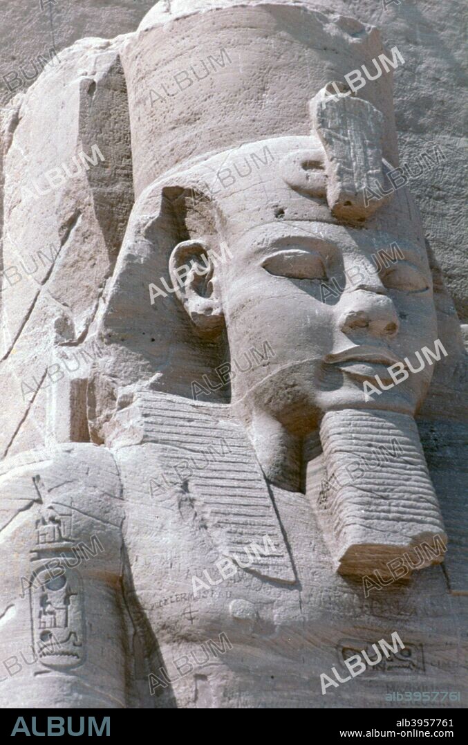 Colossal statue of Rameses II, Temple of Abu Simbel, Egypt, 13th century BC. Detail of one of the four giant statues flanking the temple entrance. Rameses' 66 year reign (1279-1213 BC) was notable for an upsurge in temple building. More statues exist of him than of any other pharaoh.