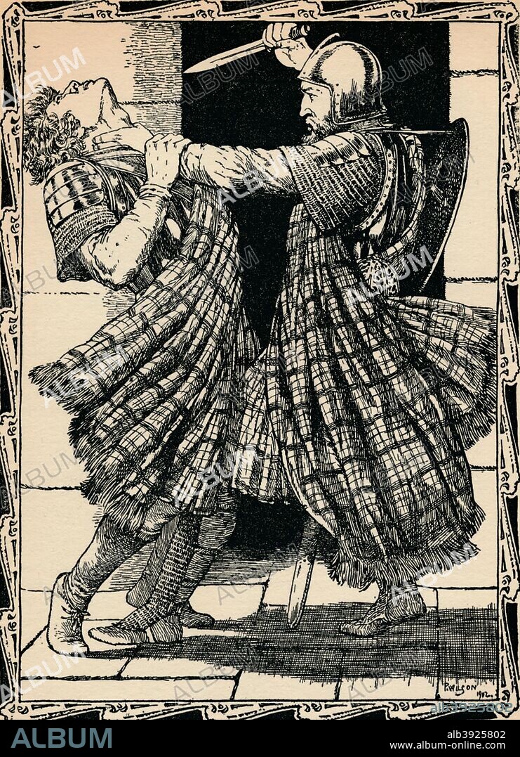 Comyn Stabbed By Bruce, 1902. John III 'Red' Comyn, Lord of Badenoch and Lord of Lochaber, also known simply as the Red Comyn (died 1306), Scottish nobleman who was an important figure in the Wars of Scottish Independence. He was Guardian of Scotland during the Second Interregnum 1296-1306. He is best known for having been stabbed to death by the future Robert I of Scotland before the altar at the church of the Greyfriars at Dumfries. After a work by Patten Wilson (1869-1934). From A Child's History of England by Charles Dickens [J. M. Dent & Co., New York, 1902].