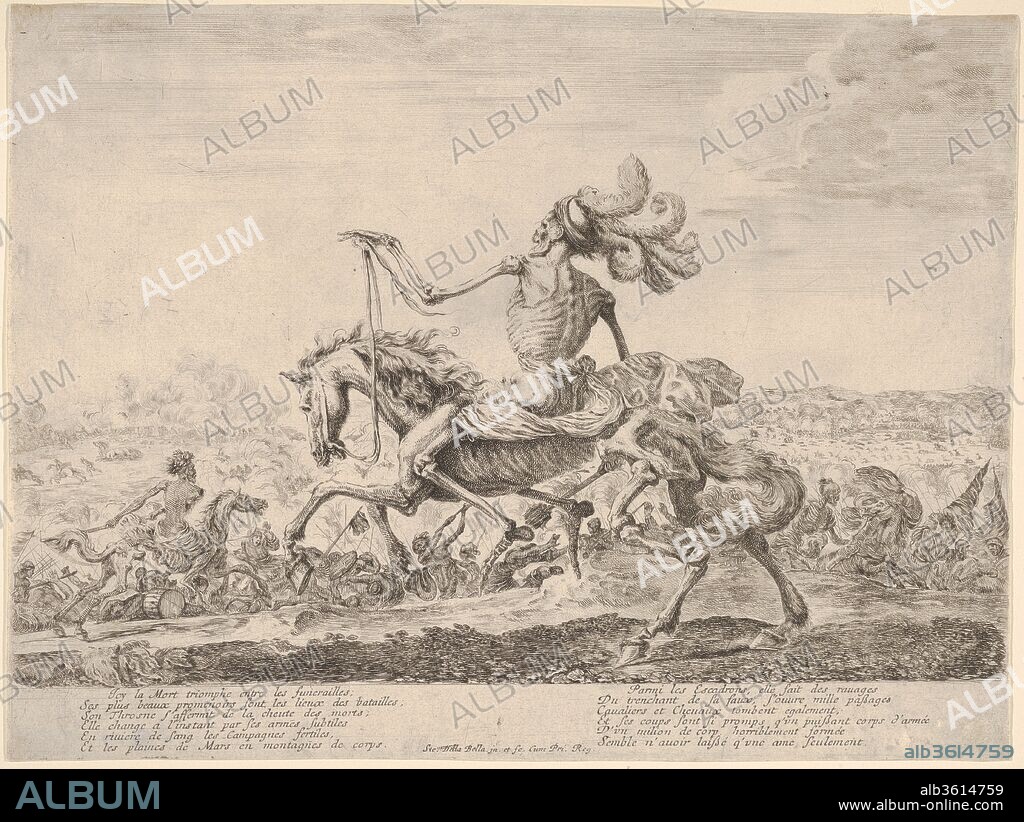 Death on a battlefield, atop a horse riding towards the left, wearing a hat with many feathers, other figures of Death battling to left and right in the background. Artist: Stefano della Bella (Italian, Florence 1610-1664 Florence). Dimensions: Sheet: 8 7/8 x 11 3/4 in. (22.5 x 29.8 cm). Date: ca. 1646.