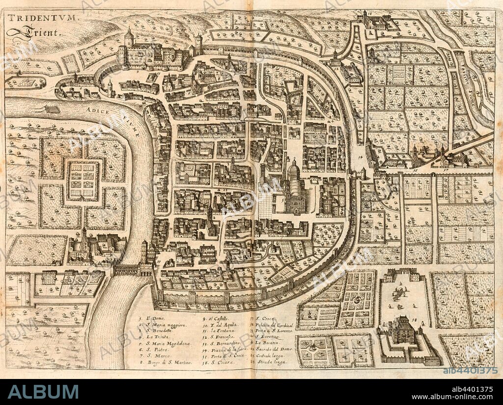 Trento. trient, Map of Trento (Italy), Fig. 11, p. 58, 1640, Martin Zeiller: Itinerarium Italiae nov-antiquae oder Raiss-Beschreibung durch Italien: darinn nicht allein viel underschiedliche Weg durch das Welschland selbsten [...]. Frankfurt am Mayn: in Verlegung Matthaei Merians, M.DC.XL. [1640].