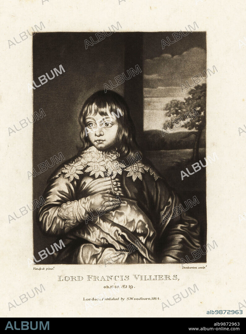 Lord Francis Villiers, died 1648 aged 19. Son of George Villiers, 1st Duke of Buckingham, and Katherine, favourite of King James I. Mezzotint engraving by Robert Dunkarton after a portrait by Sir Anthony Van Dyke from Richard Earlom and Charles Turner's Portraits of Characters Illustrious in British History Engraved in Mezzotinto, published by S. Woodburn, London, 1814.