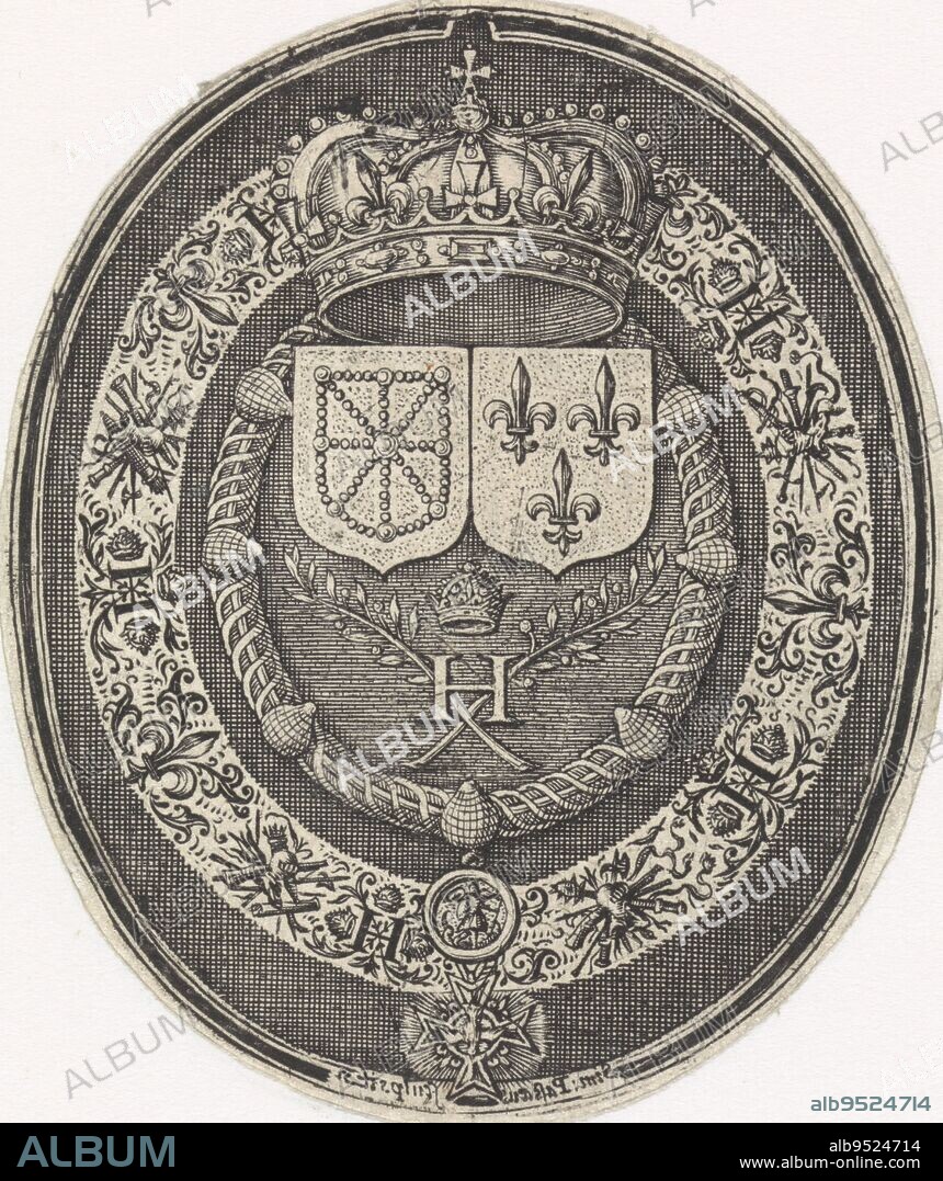 Medallion with the coat of arms of France and Navarre. On the obverse of the medal the double portrait of Henry IV and Mary de' Medici., Coat of arms of France and Navarre, print maker: Simon van de Passe, (mentioned on object), unknown, 1605 - 1647, paper, engraving, h 66 mm × w 55 mm.