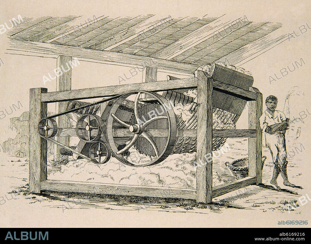 MAQUINA DESMONTADORA O ALIJADORA DE ALGODON - GRABADO 1794.