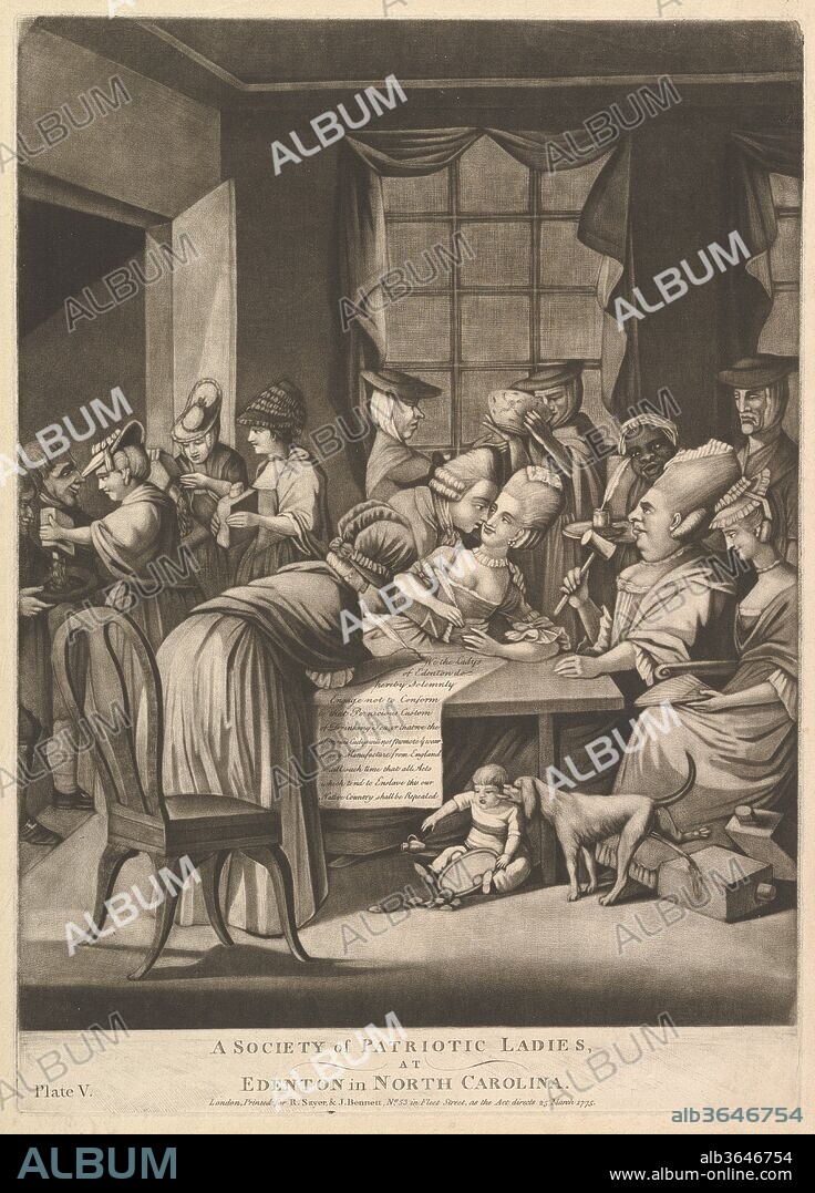 A Society of Patriotic Ladies at Edenton in North Carolina. Artist: Attributed to Philip Dawe (British, 1745?-?1809). Dimensions: plate: 13 7/8 x 9 15/16 in. (35.3 x 25.3 cm)
sheet: 17 3/16 x 11 3/8 in. (43.7 x 28.9 cm). Publisher: R. Sayer and J. Bennett (London). Date: March 25, 1775.