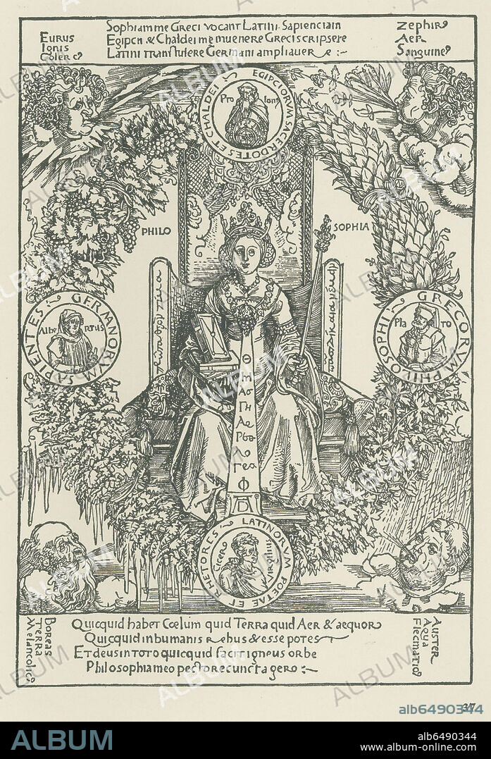ALBRECHT DÜRER. Philosophy (Philosophia). The four heads of the winds in the corners represent the four elements and temperaments: above on the left: Fire and the Choleric temperament, above on the right: Air and the Sanguine temperament, below on the left: Earth and Melancholy, below on the right: Water and the Phlegmatic temperament. (Illustration to Conradi Celtes... quatuor libri amorum - Conrad Celtes: Four books on Love (Amores), printed for the Sodalitas Celtica, Nuremberg, 5 April 1502.) 
Woodcut, 219 x 148mm. (fol. A6v.) 
(monogrammed).