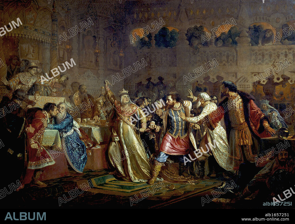 Grand Duchess Sophia Vitovtovna taking the Belt of Vasili Kosoy at the Wedding of Vasili Tyomny',1861. Oil on canvas. Pavel Chistyakov (1832-1919) Russian painter. Marriage of Vasily II, 1432. Feudal War 1425-1453. Russia.