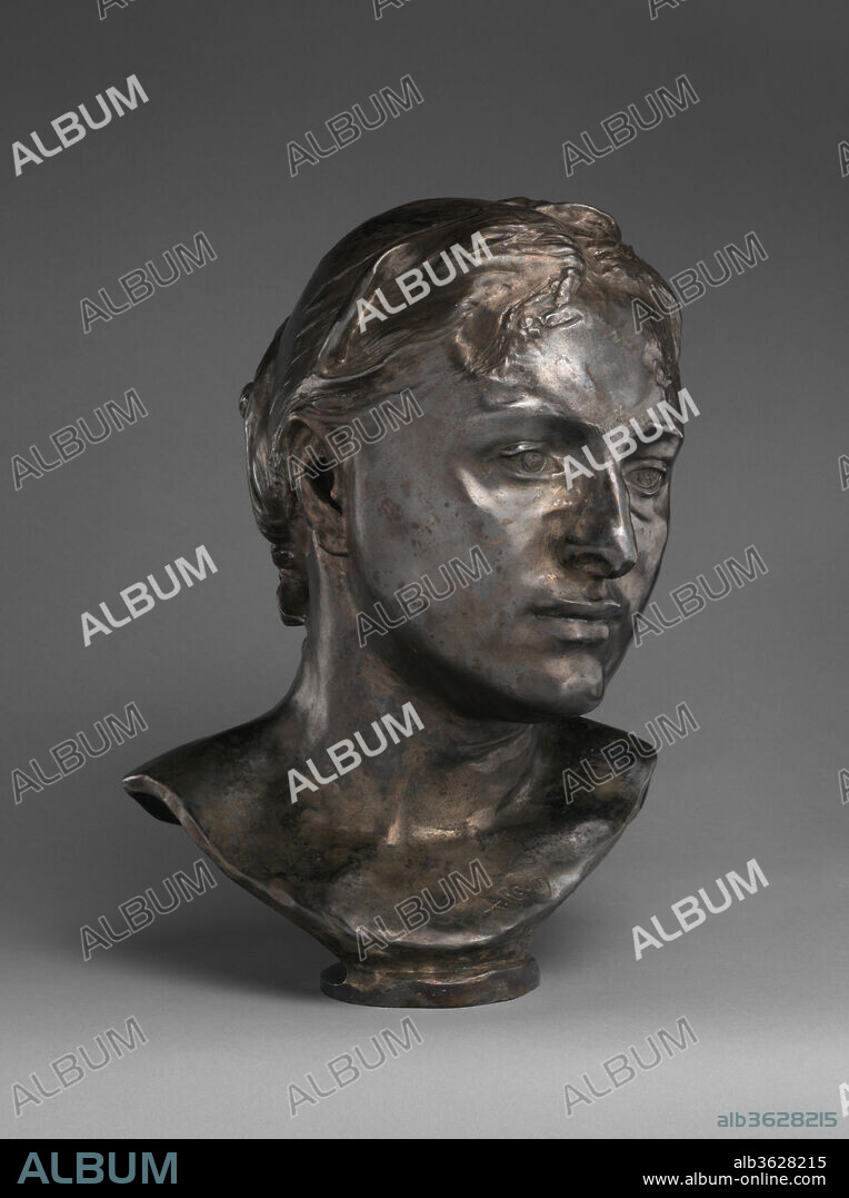 Mrs. Russell (Mariana Mattioco della Torre). Artist: Auguste Rodin (French, Paris 1840-1917 Meudon). Culture: French. Dimensions: Height (wt. confirmed): 13 7/8 in., 18.6 lb. (35.2 cm, 8.5 kg); Height (on block): 19 3/8 in. (49.2 cm). Founder: Cast by Georges Rudier (French). Date: modeled 1888, cast 1979.
Mariana Russell, the wife of the Impressionist painter John Peter Russell, modeled for Rodin's sculptures of ancient goddesses. Likely inspired by her evenly proportioned, classical features, the artist portrayed her variously as Ceres, Minerva, and Athena. 	In 1888 Rodin modeled her portrait in wax; this later bronze cast captures her dignified beauty. Her hair is pulled back, emphasizing her broad jaw, strong nose, and full lips. She appears aloof yet feeling, simple yet intelligent: a woman of depth and character. Rodin often expressed his preference for frank portraiture: "Even the most insignificant head is the dwelling-place of life . . . and so offers inexhaustible matter for the masterpiece.".