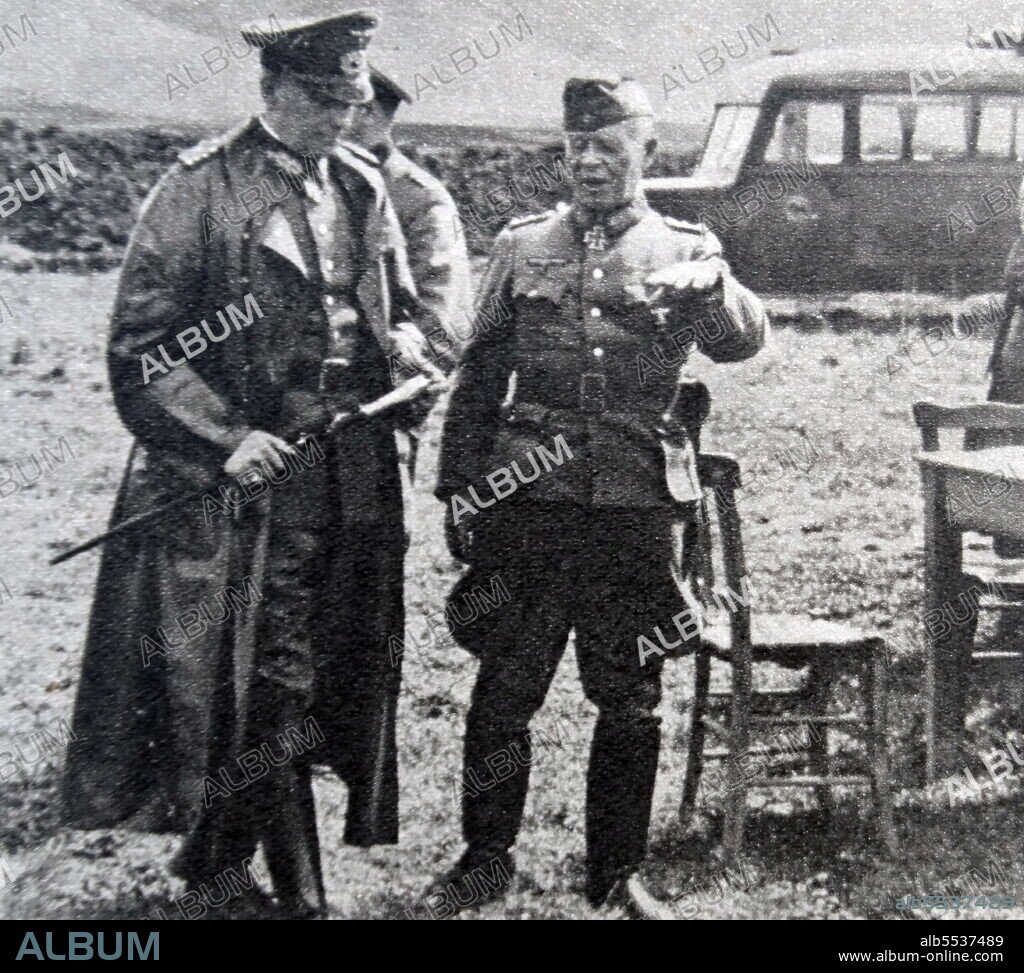 Walther Heinrich Alfred Hermann von Brauchitsch and General Ludwig Stummel, photographed by Heinrich Hoffmann. Walther Heinrich Alfred Hermann von Brauchitsch (4 October 1881 - 18 October 1948) was a German field marshal and the Commander-in-Chief (Oberbefehlshaber) of the German Army during World War II. After the 1933 Nazi seizure of power, Brauchitsch was put in charge of the East Prussian Military District. He served as Commander-in-Chief of the German Army from February 1938 to December 1941. He played a key role in the Battle of France and oversaw the German invasions of Yugoslavia and Greece. After the war, Brauchitsch was arrested on charges of war crimes, but he died of pneumonia in 1948 before he could be prosecuted. Ludwig Stummel (5 August 1898 in Kevelaer - 30 November 1983 in Kronberg im Taunus) was a German career signals officer with the rank of Konteradmiral, the Chief of Staff of the Naval Warfare department, Naval Communications (4/SKL) of the Kriegsmarine. Stummel was most notable for being the person responsible for the cryptographical security of the Enigma cipher machine and Key M infrastructure security, during World War II.