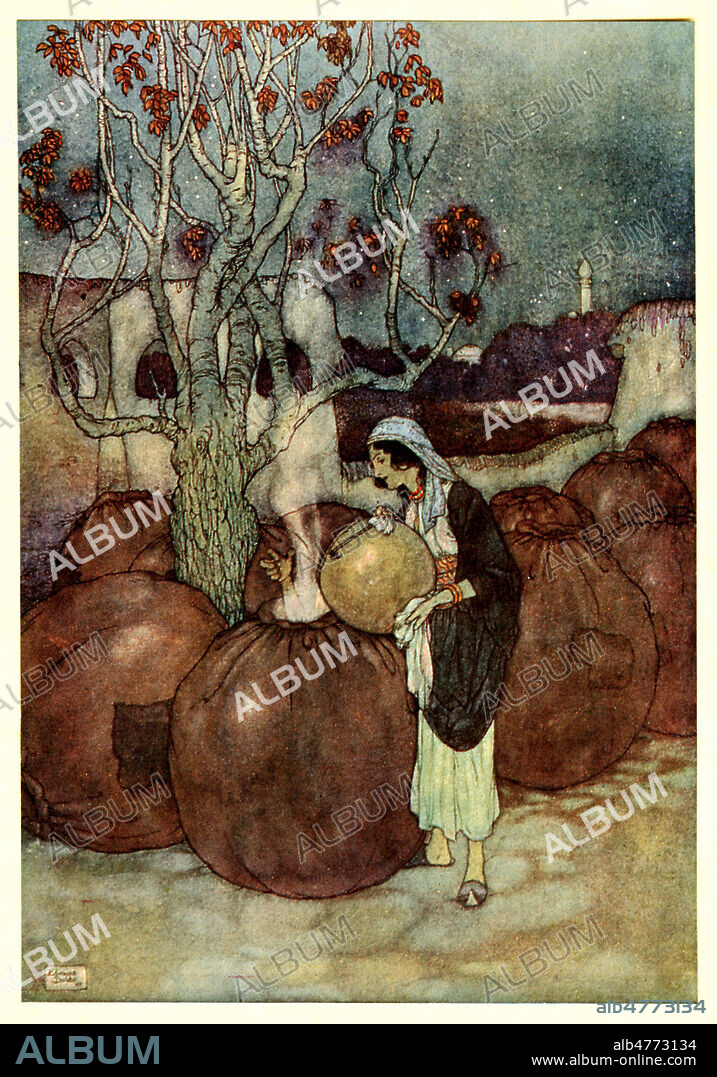 EDMUND DULAC. ALI BABA et les 40 Voleurs : La femme d'ALIBABA verse de l'huile bouillante dans les outres de cuir dans lesquelles se sont caches les 40 voleurs. Illustration par Edmond DULAC (1882-1953=ADAGP) , 1907. Collection KHARBINE TAPABOR.