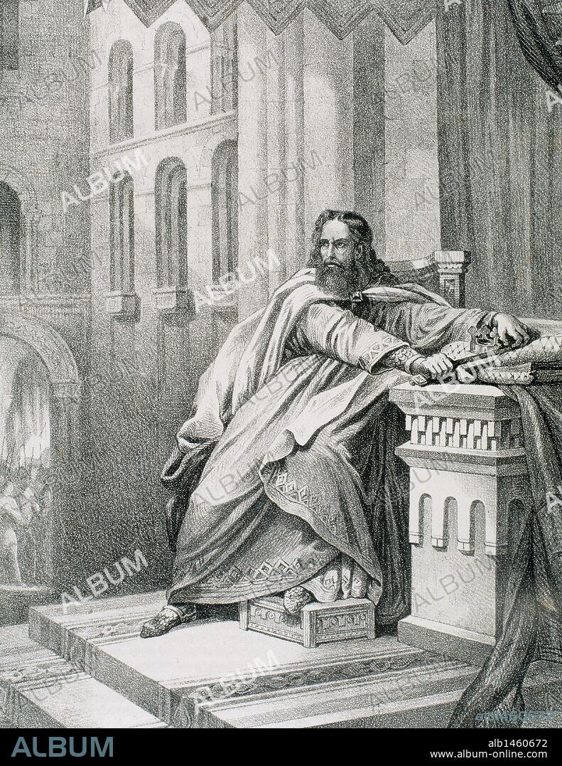 WITIZA o VITIZA (m.710). Rey visigodo de Hispania (702-710). Asociado al trono (700) por su padre, Egica, su reinado personal comenzó en el 702. Convocó el XVIII Concilio de Toledo. Grabado.
