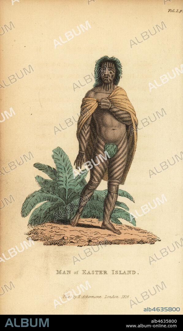 Native man of Easter Island or Rapa Nui. Handcoloured stipple engraving from Frederic Shoberl's The World in Miniature, The South Sea Islands, Ackermann, 1824. From an illustration by Louis Choris in Otto von Kotzebue's Picturesque voyage around the world, 1822.