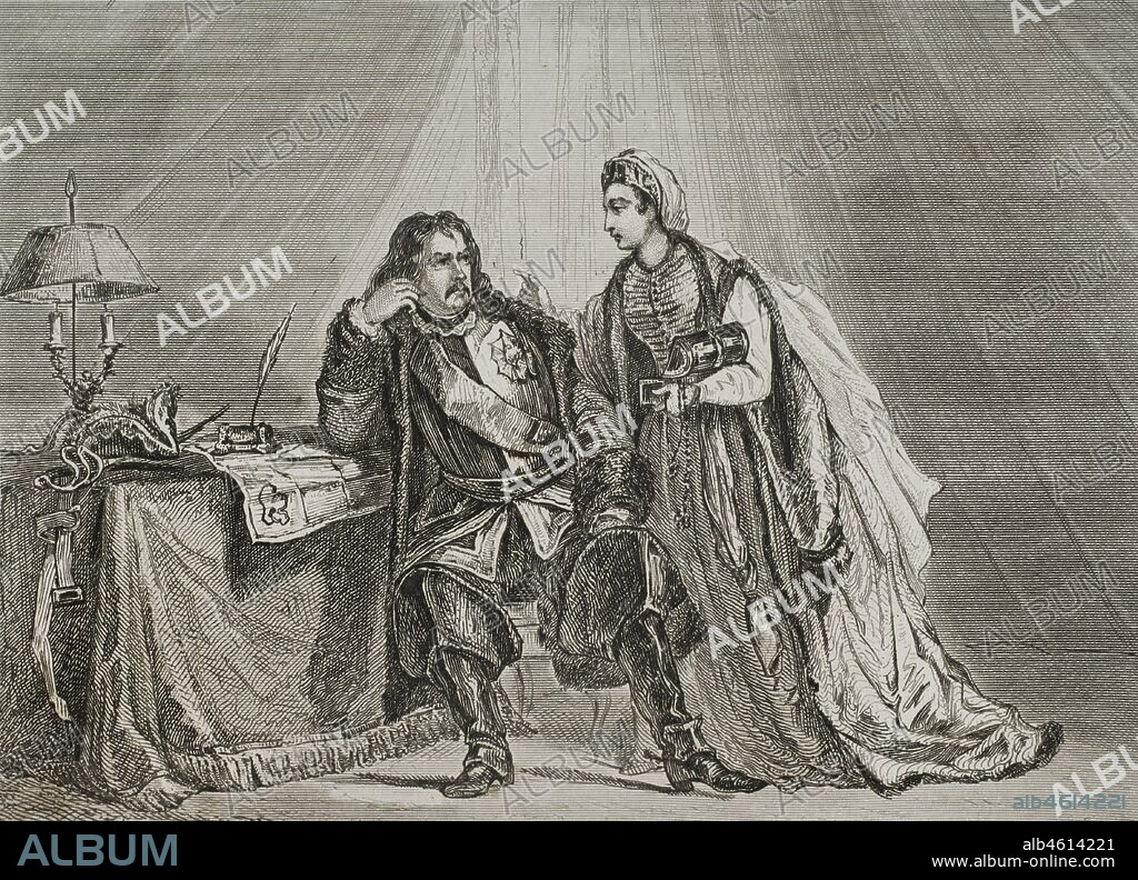 Russo-Turkish War (1768-1774). Catherine the Great (1729-1796) suggests Peter III of Russia (1728-1762) surrender with the Turks. Engraving by Lemaitre, Vernier and Chaillot. History of Russia by Jean Marie Chopin (1796-1870). Panorama Universal, Spanish edition, 1839.