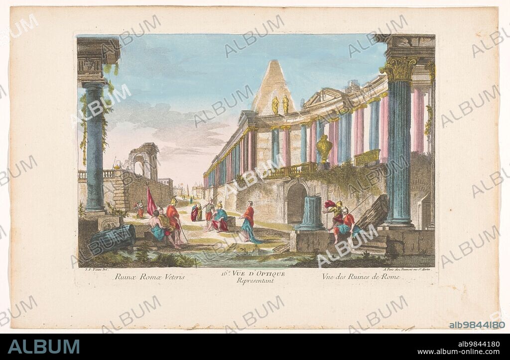 ANON. View of the ruins of a colonnade in Rome, 1745-1775. In the background is the Pyramid of Cestius.