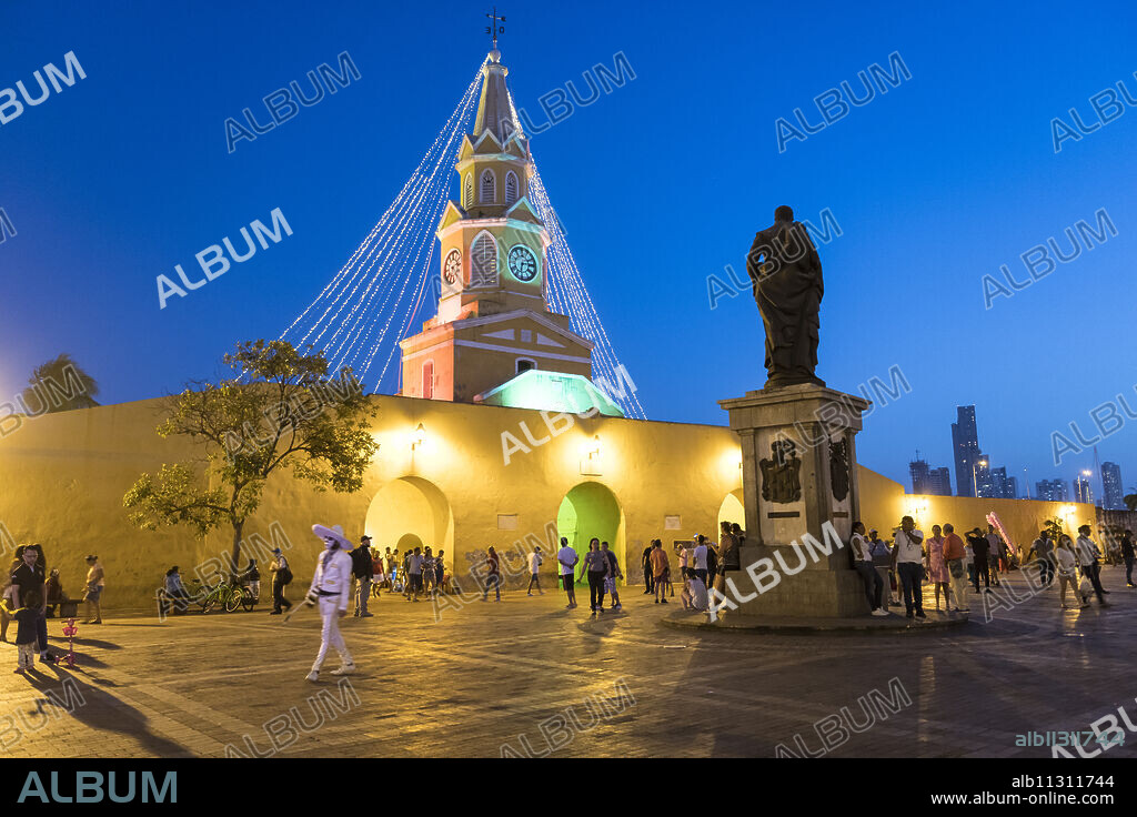 Clock Tower Monument at night, UNESCO World Heritage Site, Cartagena, Bolivar Department, Colombia, South America.