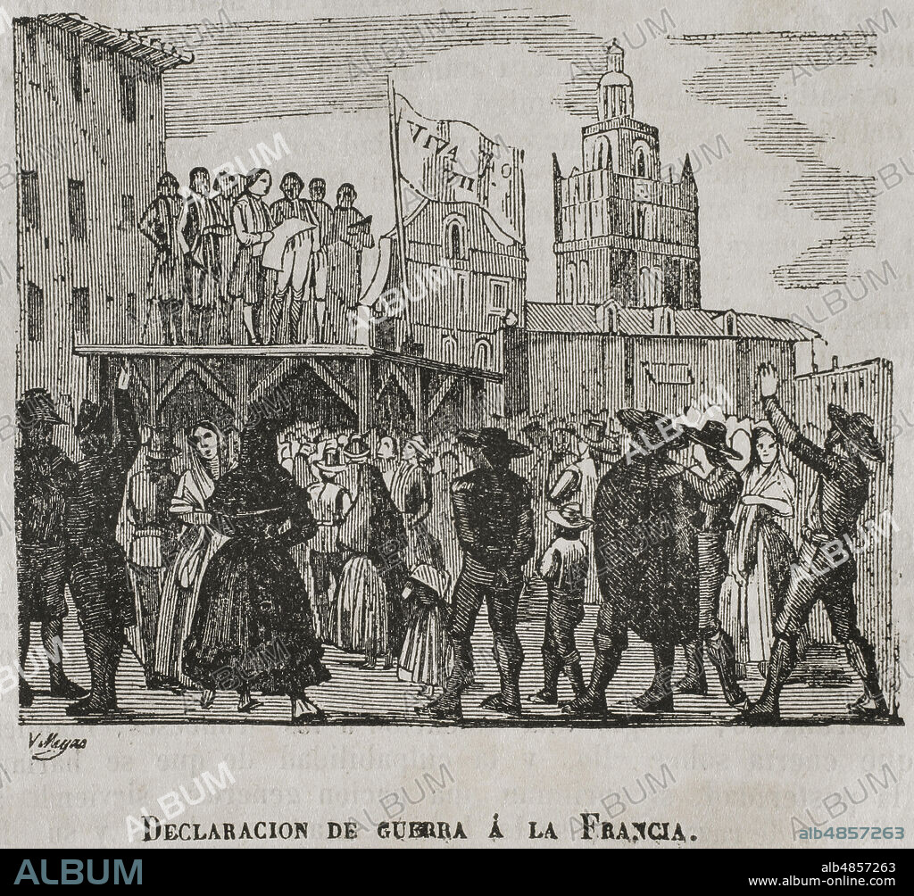 Guerra de la Independencia Española (1808-1814). Levantamiento en Sevilla (26-27 de mayo de 1808). En la mañana del 27 de mayo de 1808 el pueblo se apoderó de las abandonadas Casas Consistoriales, congregando en ellas una Junta Suprema de personas distinguidas de la ciudad. Se denominó Junta de Sevilla, "Junta Suprema de España e Indias", bajo presidencia de Francisco de Saavedra, quien la declaró el 6 de junio de 1808, convirtiéndose en la capital de España, libre de los franceses y emitiendo la Declaración de Guerra al Emperador de Francia, Napoleón I. Declaración de guerra a Francia. Grabado. Historia del Levantamiento, Guerra y Revolución de España, por el Conde de Toreno. Madrid,1852.