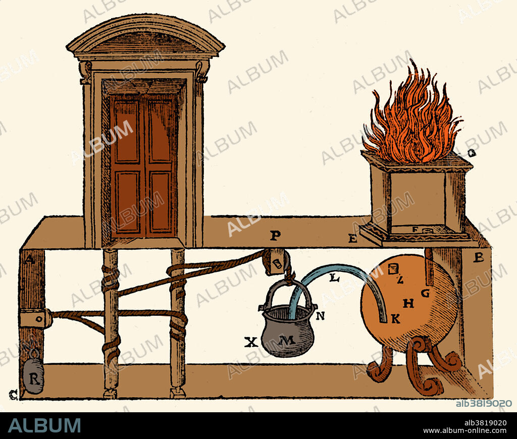 Colorized engraving shows the details of a steam-driven mechanical apparatus for opening doors. Hero (or Heron) of Alexandria (10-70 AD) was an ancient Greek mathematician and engineer from Alexandria, Roman Egypt. His work is representative of the Hellenistic scientific tradition and he is often called, the greatest experimenter of antiquity. Hero published a description of a steam-powered device called an aeolipile (rocket style jet engine which spins when heated). Among his most famous inventions was a windwheel, constituting the earliest instance of wind harnessing on land. He is said to have been a follower of the Atomists. Atomism is a natural philosophy. They theorized that the natural world consists of two fundamental parts: indivisible atoms and empty void. Much of Hero's original writings and designs have been lost, but some of his works were preserved in Arab manuscripts.