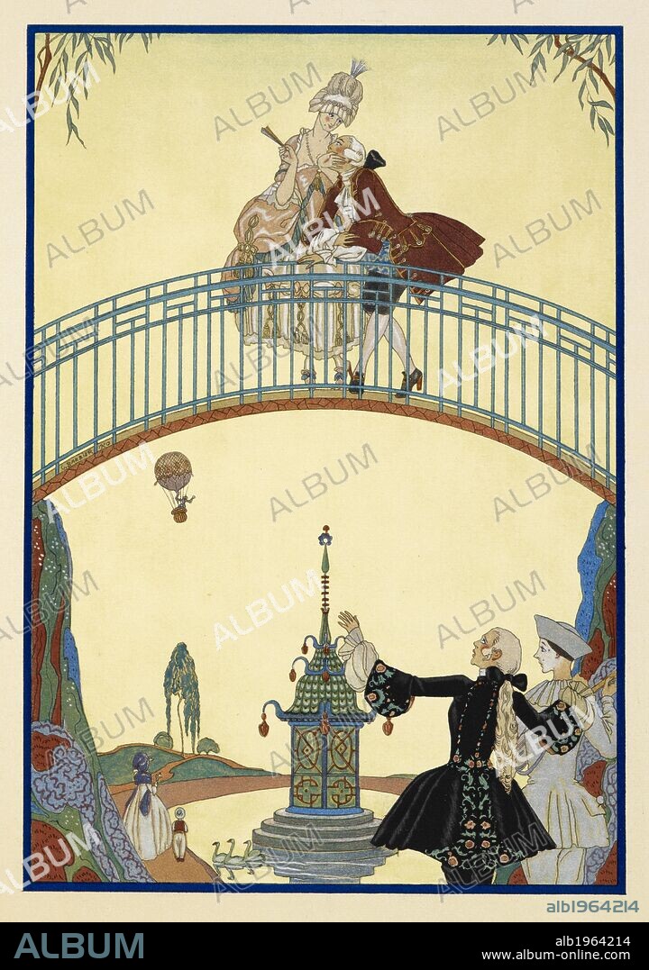 Ã€ La Promenade. A man and woman on a bridge. Pierrot, below. FÃªtes galantes. [PoÃ¨mes]. Illustrations de George Barbier. Paris: H. Piazza, 1928. FÃªtes Galantes is an album consisting of romantic prints of French life among the upper classes of the 19th century. Rich aristocrats of the French court used to play gallant scenes from the commedia dellâ€™ arte that were called Fetes Galantes. The prints accompany Paul Verlaine's poetry. Each album contains 20 lithograph prints with pochoir highlighting by George Barbier. Source: L.45/2847, before page 19. Language: French.