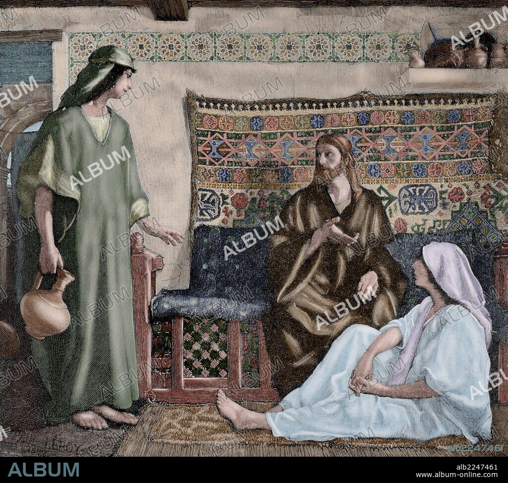 NUEVO TESTAMENTO. JESUS. "JESUS EN CASA DE MARTA Y MARIA". Grabado por Paris. "La Ilustración Ibérica", año 1885. Coloreado.
