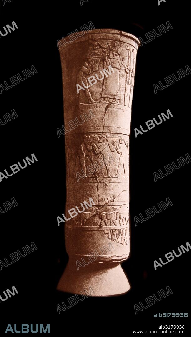 The Warka Vase is a carved alabaster stone vessel found in the temple complex of the Sumerian goddess Inanna in the ruins of the ancient city of Uruk, located in the modern Al Muthanna Governorate, in southern Iraq. Like the Uruk Trough and the Narmer Palette from Egypt, it is one of the earliest surviving works of narrative relief sculpture, dated to c. 3200–3000 BC.