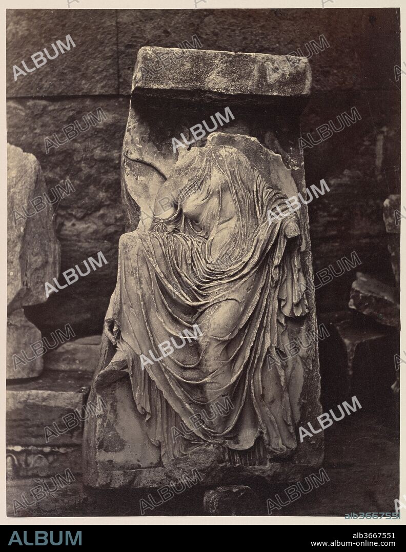 Fragment from Balustrade of the Temple of Athena Nike, Acropolis, Athens. Artist: William James Stillman (American, Schenectady, New York 1828-1901 Surrey). Dimensions: Image: 10 1/2 × 8 1/8 in. (26.7 × 20.6 cm)
Mount: 15 7/8 in. × 13 15/16 in. (40.4 × 35.4 cm). Date: ca. 1882.
Stillman had a multifaceted career as a painter, photographer, art critic, journalist, diplomat, and amateur archeologist. Following a brief period as a landscape painter with ties to the Pre-Raphaelites, he became the founding editor of the art journal The Crayon and spent much of his time abroad, working as a correspondent for London and New York newspapers. In 1859 he took up photography and put his new skills to use while serving as American consul to Rome and Crete. His most accomplished photographs are his sensitive, detailed studies of the Acropolis in Athens, which he made in 1869 and again in 1882. This luminous close-up of a winged Victory reaching down to fasten her sandal was published in Stillman's book, On the Track of Ulysses (1888), an account of his archaeological
adventures around the Mediterranean.