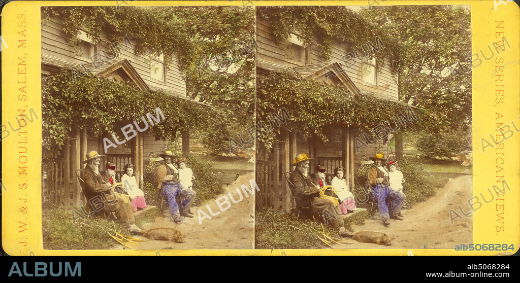 Group of people sitting in front of a house., still image, Stereographs, 1850 - 1930, J. W. & J. S. Moulton.