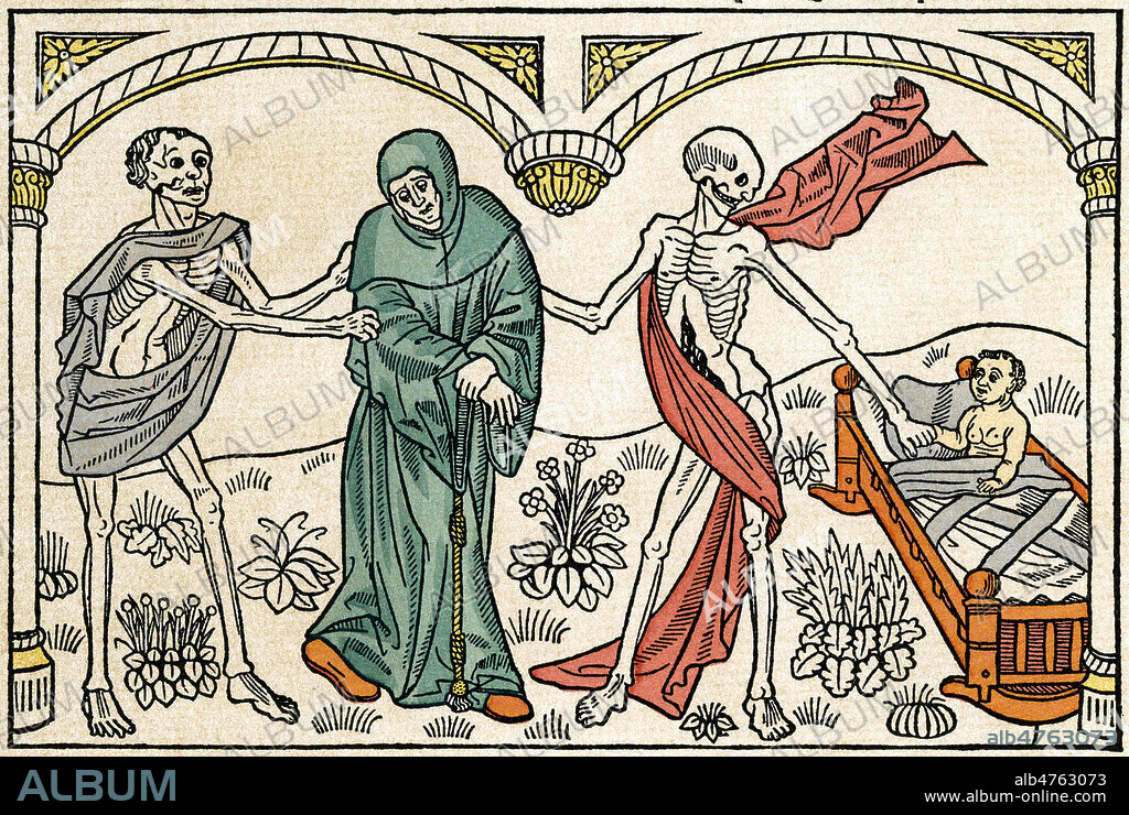 Le cordelier et Lenfant. Fac simile d'une illustration publiee dans l'ouvrage La Danse Macabre Nouvelle par Guyot MARCHANT en 1491. Credit : Coll. Jonas/KHARBINE-TAPABOR.
