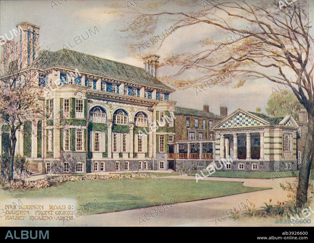 'No. 8 Addison Road, Kensington', 1907. Illustration by Thomas Hamilton Crawford (1860-1933). Architects; William Frend De Morgan (1839-1917), Halsey Ralph Ricardo (1854-1928). The house was designed for Sir Ernest Ridley Debenham (1865-1952). From The Studio Volume 40. [London Offices of the Studio, London, 1907].