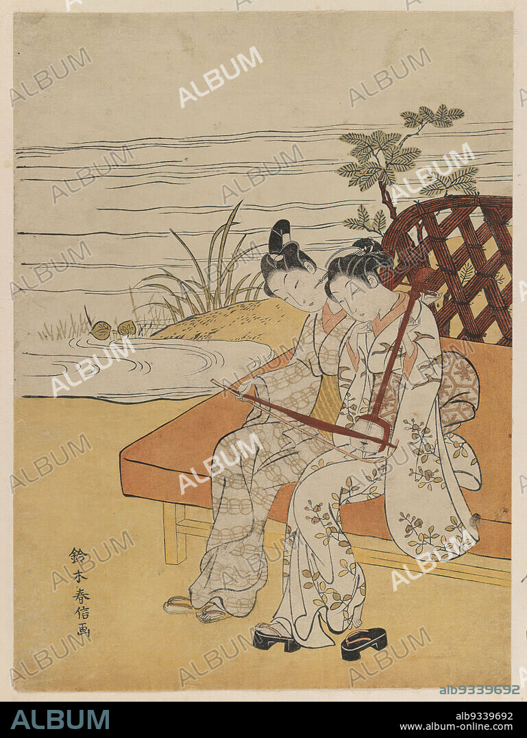 Couple Playing a Koky Together, Suzuki Harunobu, Japanese, 1724-1770, Color woodblock print on paper, Japan, ca. 1768-1769, Edo Period, 10 1/2 x 7 3/4 in., 26.7 x 19.7 cm, japan, print, shoe, water.
