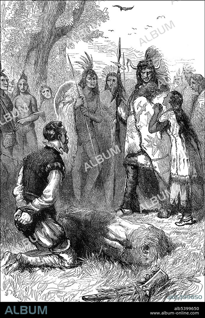 Historical Reenactment of the U.S. history from 1607, Pocahontas or Matoaka, circa 1595 - 1617, daughter of the Chief Powhatan, saves the life of Captain John Smith, 1580 - 1631, English mercenary and adventurer