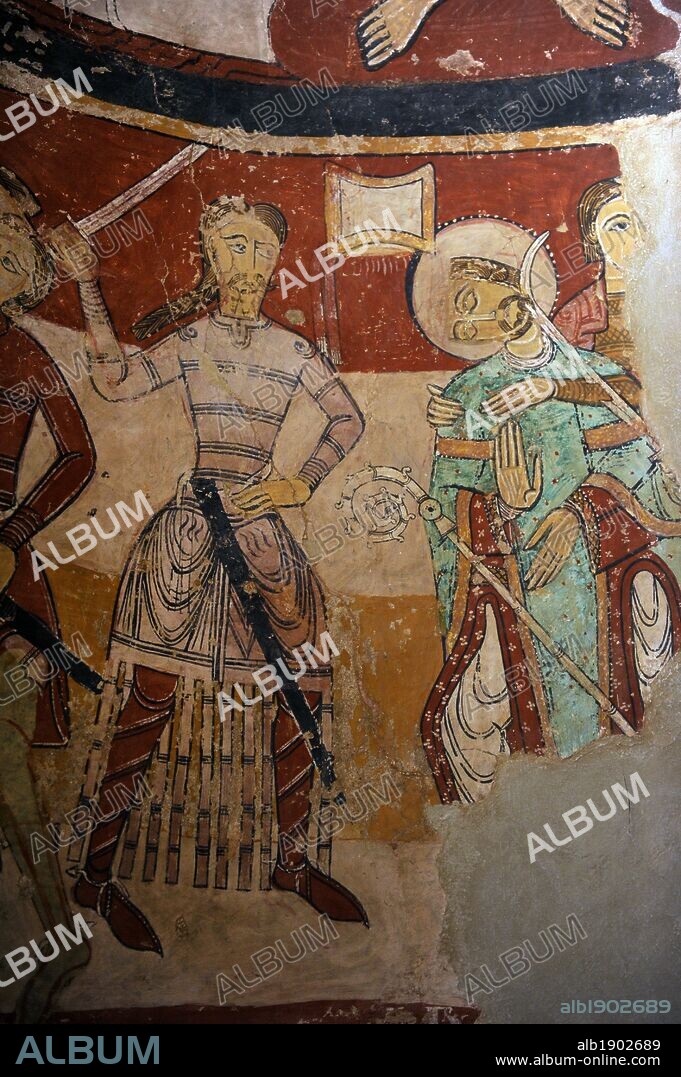 Romanesque Art. Spain. 12th century. Church of St. Mary (Santa Maria). Martyrdom of English Archbishop Thomas Becket, who died in 1170. Mural painting in the apse. Tarrasa. Catalonia.